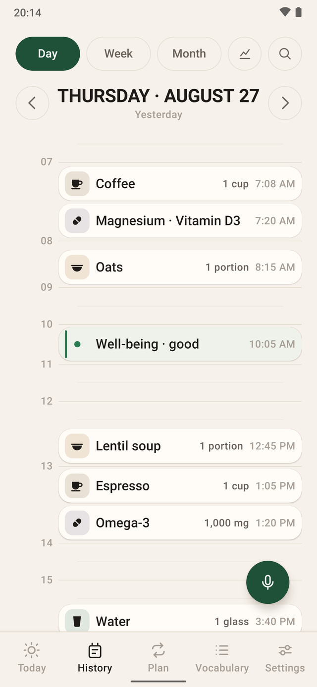The day view: switches for Day, Week and Month, the heading “Thursday · August 27” with the label “Yesterday”, and entries hanging on an hour axis — Coffee 7:08 AM, Magnesium · Vitamin D3 7:20 AM, Oats 8:15 AM, Well-being · good 10:05 AM, Lentil soup 12:45 PM, Espresso 1:05 PM, Omega-3 1:20 PM.
